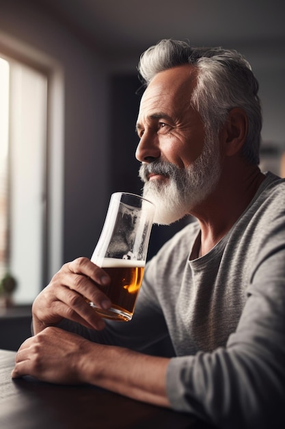 Shot of a mature man drinking beer at home created with generative ai