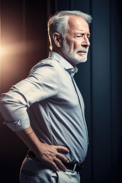 Shot of a mature man experiencing severe back pain created with generative ai