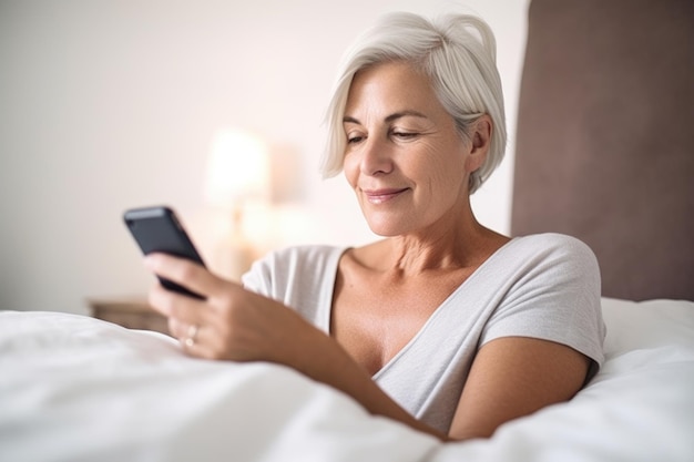 Shot of a mature woman laying in bed and using her smartphone created with generative ai