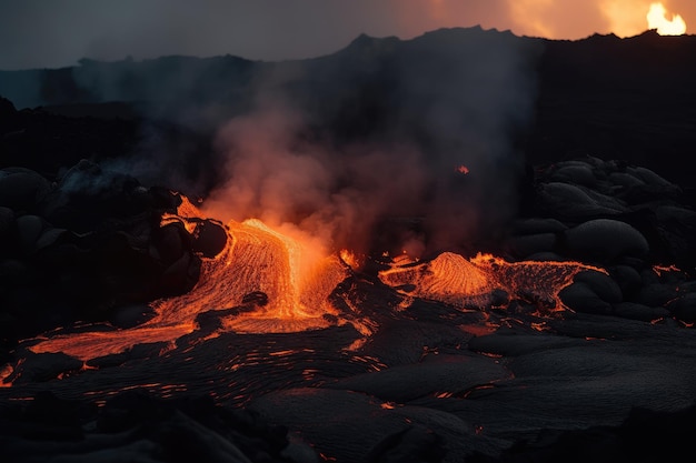 Shot of molten lava flowing from a volcanic vent with smoke and ash in the air