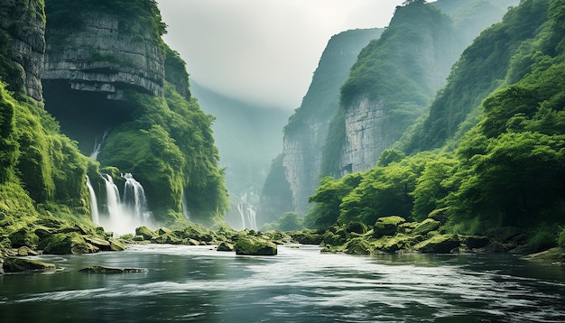 Photo shot of mountain waterfall partially hidden by mist