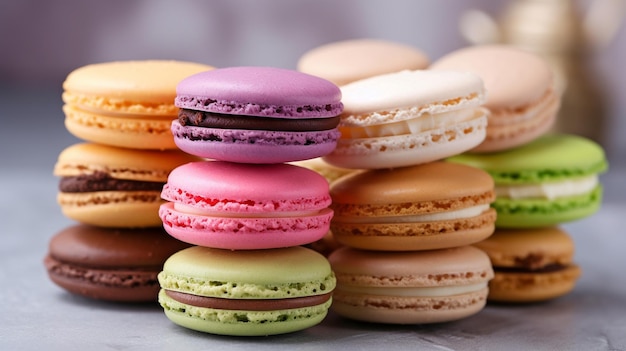 A shot of mouthwateringly bright macarons against a background of concrete GENERATE AI