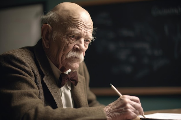 Shot of an older man sitting in a classroom and writing on a chalkboard created with generative ai