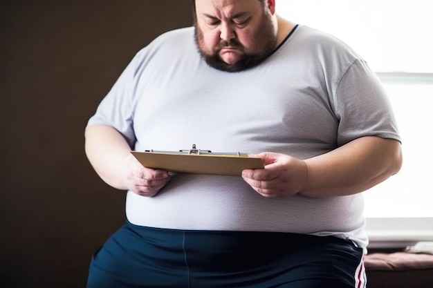 Shot of a overweight man make notes while measuring his waistline created with generative ai