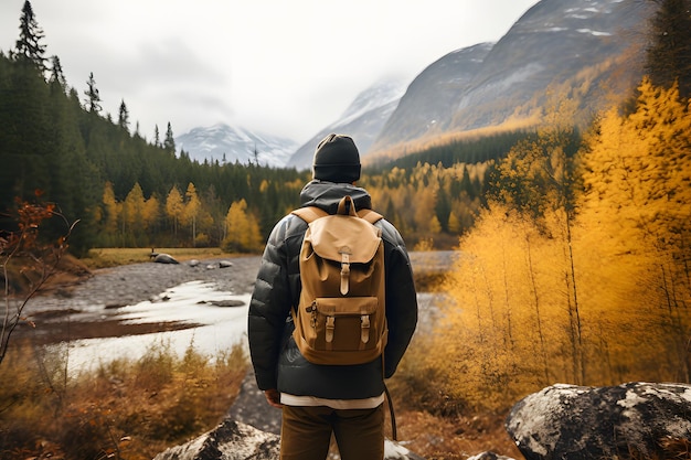 Shot of person hiking outdoors with backpack