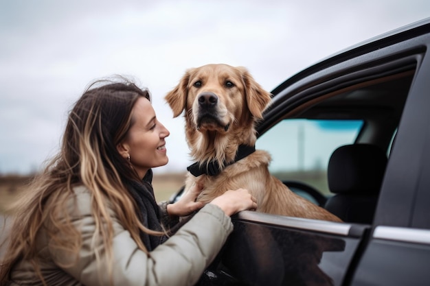 Shot of a pet owner putting her dog into the car created with generative ai