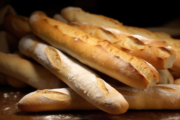 Shot of a pile of freshly baked baguettes created with generative ai