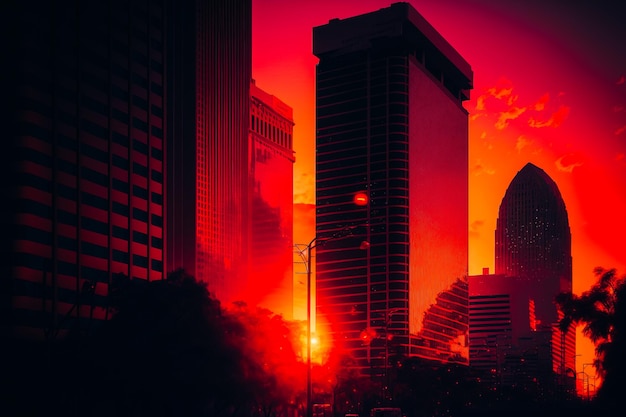 A shot of a pink and orange sunset over a Texas city skyline with the colors of the sunset