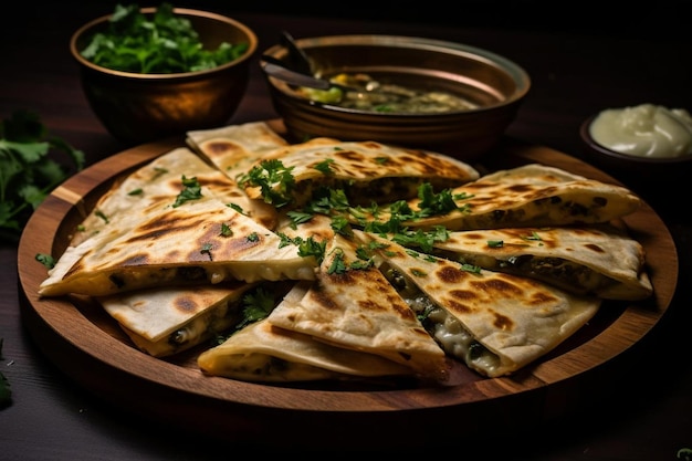 A shot of quesadillas being cut into bitesized pieces