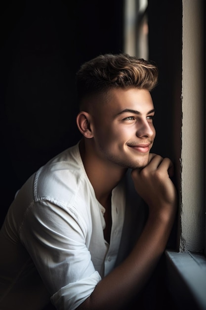 Shot of a relaxed young man leaning against a wall at his apartment created with generative ai