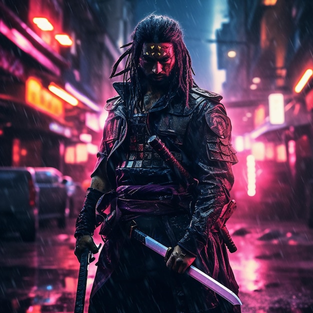 shot of samurai Cyberpunk samurai surrounded by city neon lighting