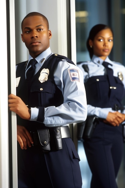 Shot of a security guard and his female colleague inspecting passcards created with generative ai