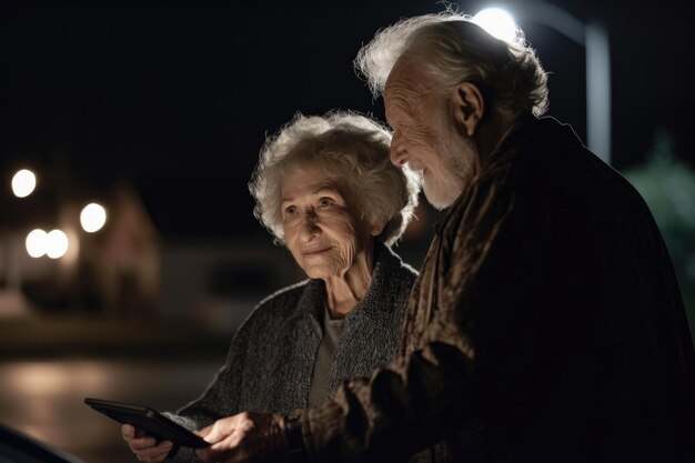 Shot of a senior couple using a digital tablet at night created with generative ai