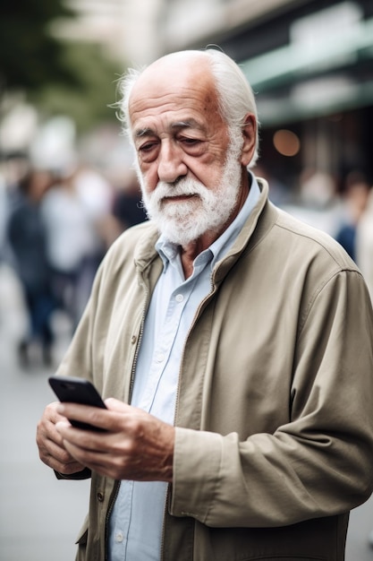 Shot of a senior man using his cellphone in public created with generative ai