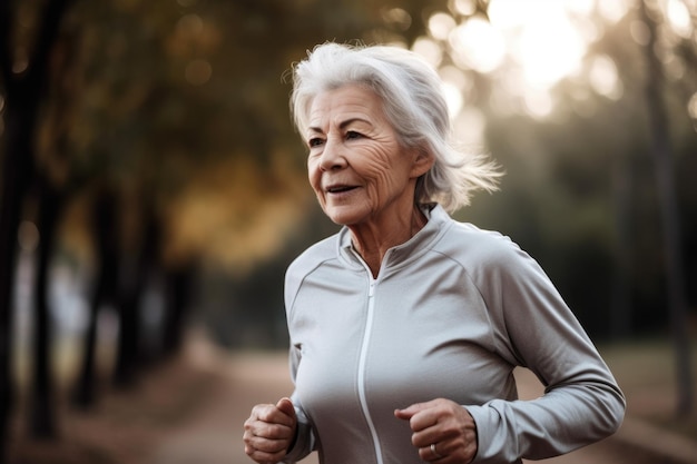 Shot of a senior woman jogging outdoors created with generative ai