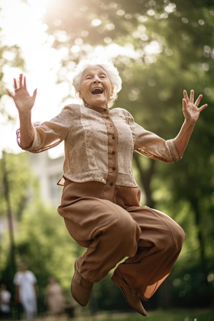 Shot of a senior woman jumping during her outdoor dance class created with generative ai