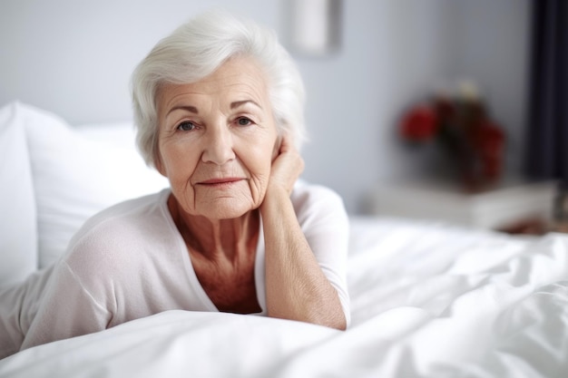 Shot of a senior woman looking at the camera while lying in bed created with generative ai