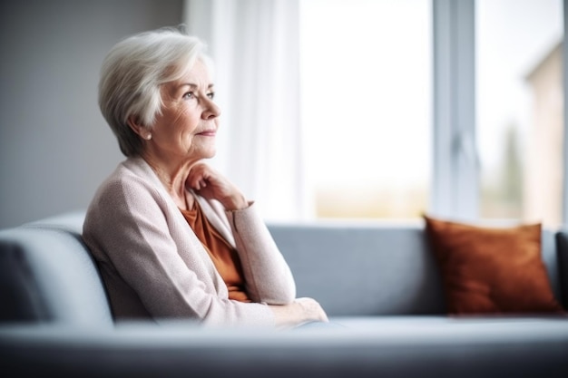 Shot of a senior woman sitting on her sofa at home