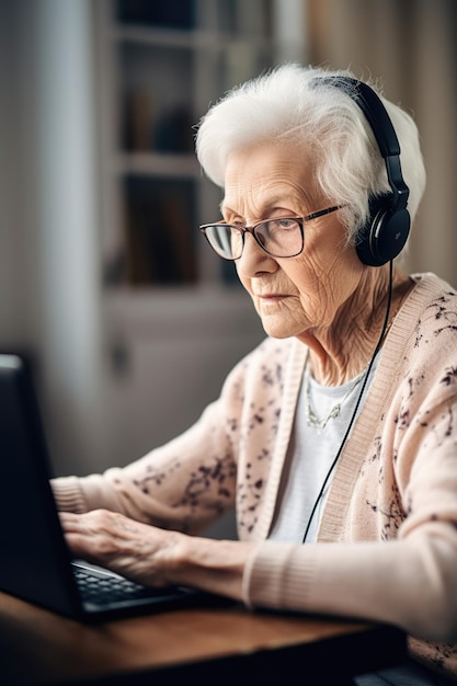 Shot of a senior woman using a laptop and headset at home created with generative ai