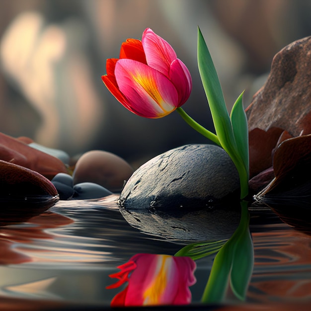 Shot of a single tulip on the shore near the waterxA Generative AI