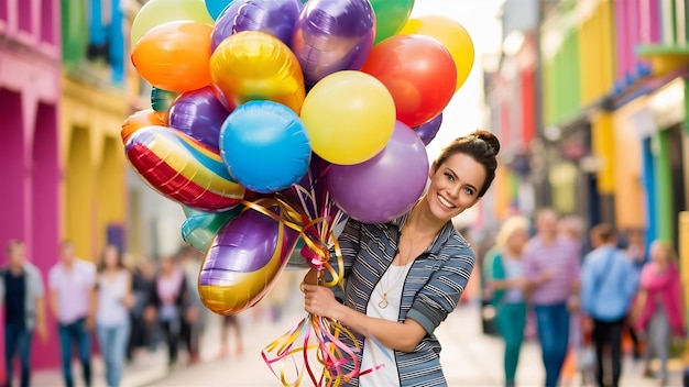 Shot of smiley woman holding bunch of balloons