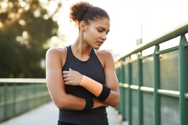 Shot of a sporty young woman standing outdoors with an injury created with generative ai