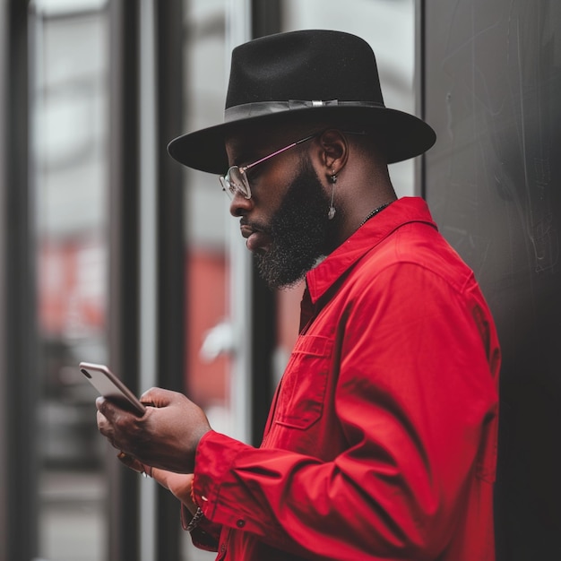 shot of stylish dark skinned hipster in fashionable shirt and hat holds smartphone