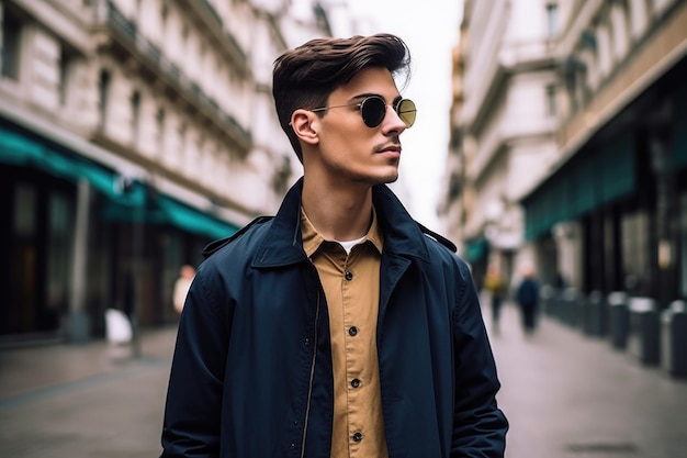 Shot of a stylish young man standing in the city created with generative ai