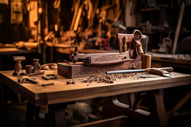 Shot of tools including a saw chisel and wooden boards created with