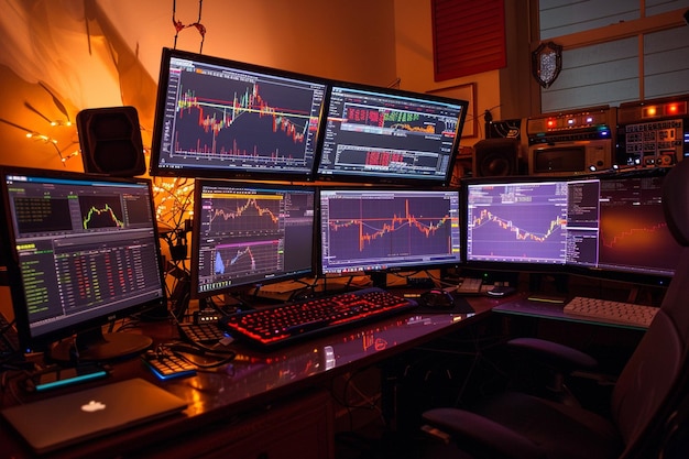 Photo shot of traders desk with multiple screens file