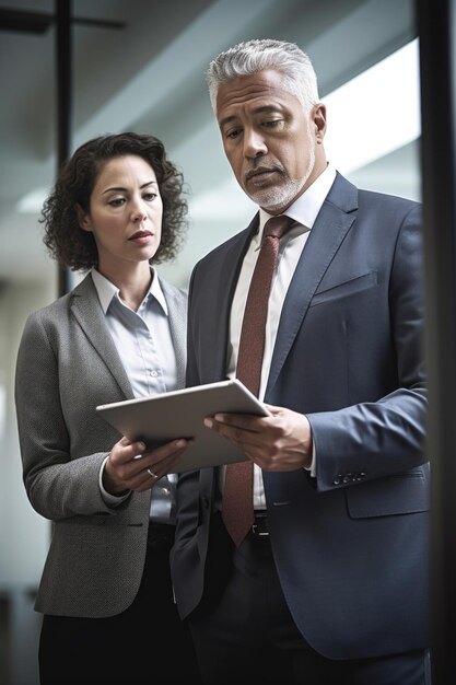 Shot of two businesspeople using a digital tablet in an office created with generative ai