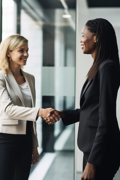 Shot of two businesswomen shaking hands in an office setting created with generative ai