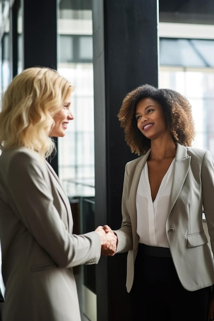 Shot of two businesswomen shaking hands in an office setting created with generative ai