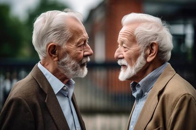 Shot of two senior men having a conversation while standing outside created with generative ai