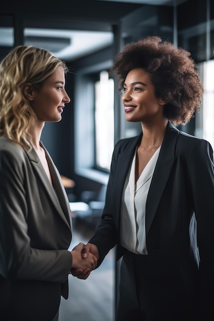 Shot of two young businesswomen shaking hands in an office