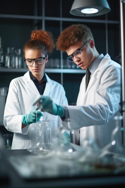 Shot of two young scientists working together in a lab created with generative ai