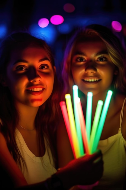 Shot of two young women holding glowsticks at a concert created with generative ai