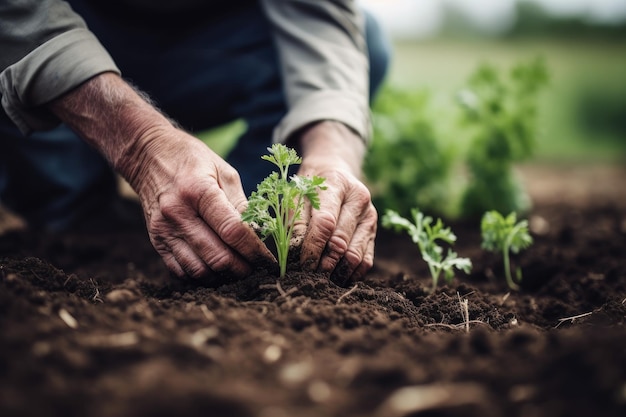 Shot of an unrecognizable man planting a seedling in soil created with generative ai