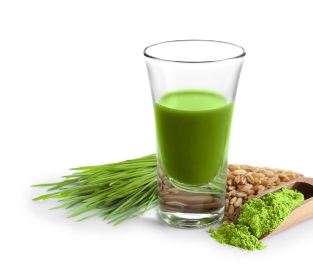 Shot of wheat grass drink on white background