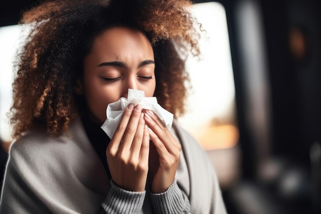 Shot of a woman blowing her nose with a tissue created with generative ai