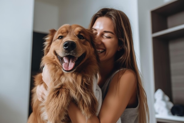 Shot of a woman holding her dog for the first time after grooming him created with generative ai