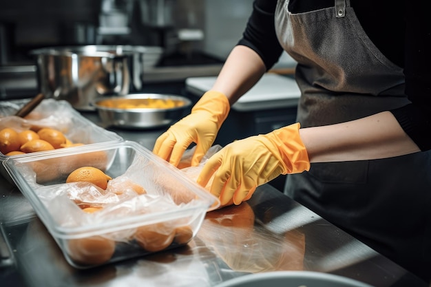 Shot of a woman wearing gloves during food preparation created with generative ai