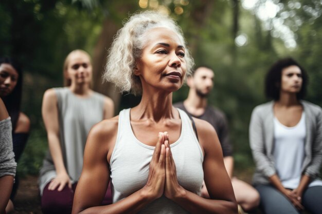 Shot of a yoga instructor leading class outside created with generative ai