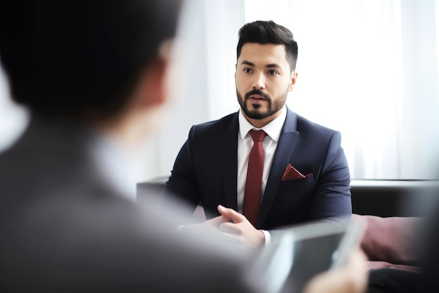 Shot of a young businessman using a digital tablet during an interview