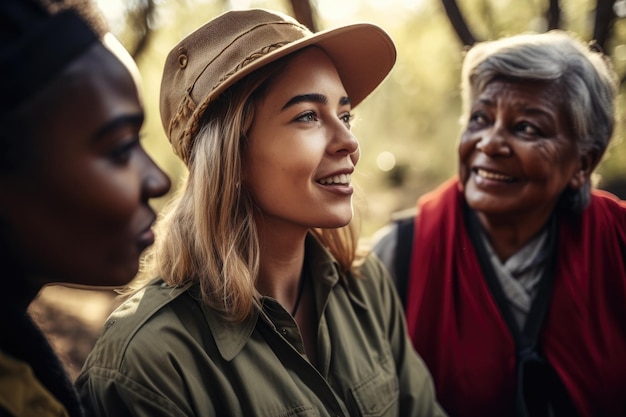 Shot of a young female guide entertaining her senior clients with stories created with generative ai