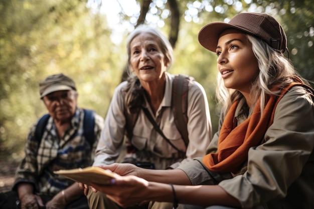 Shot of a young female guide entertaining her senior clients with stories created with generative ai