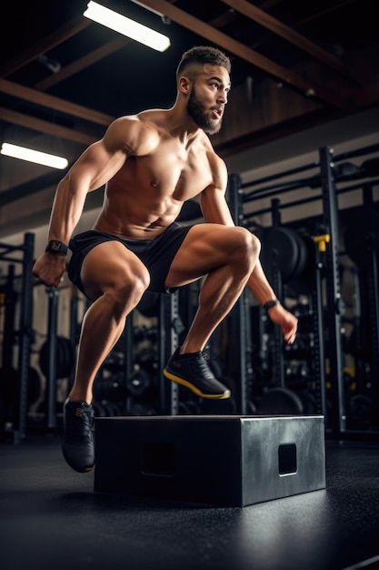 Shot of a young fit athlete doing box jumps at the gym created with generative ai