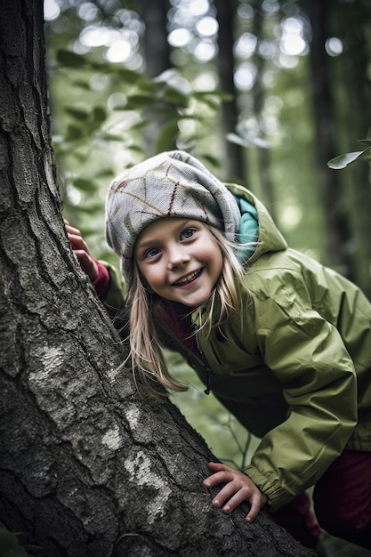 Shot of a young girl having fun playing in the woods created with generative ai