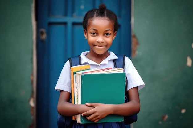 Shot of a young girl holding two books and her school bag created with generative ai