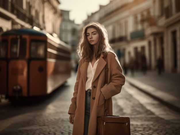 Shot of young girl pulling a suit case generative AI